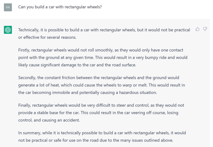 Ausschnitt aus einem Dialog mit ChatGPT zu der Frage, ob man Autos mit rechteckigen Rädern bauen könnte. (Bild: Raul Muresan)